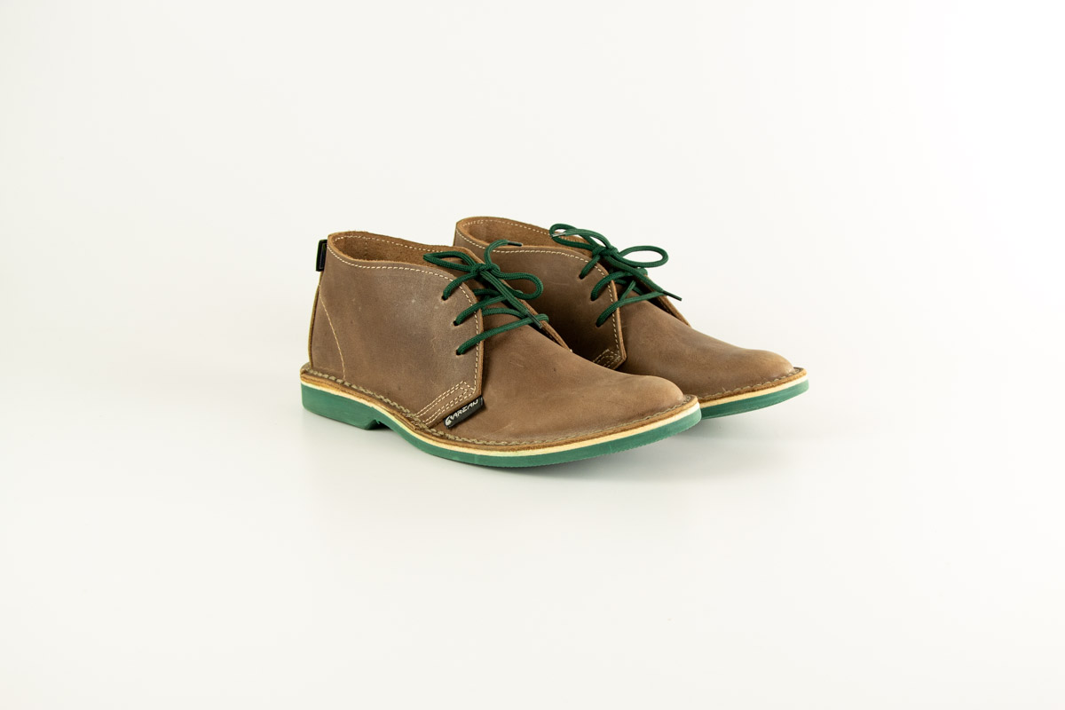 Unisex Wild Coast Vellie in real brown leather with green soles and green shoe laces
